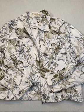 Chico's White Jacket with Olive and Taupe Abstract Floral Print